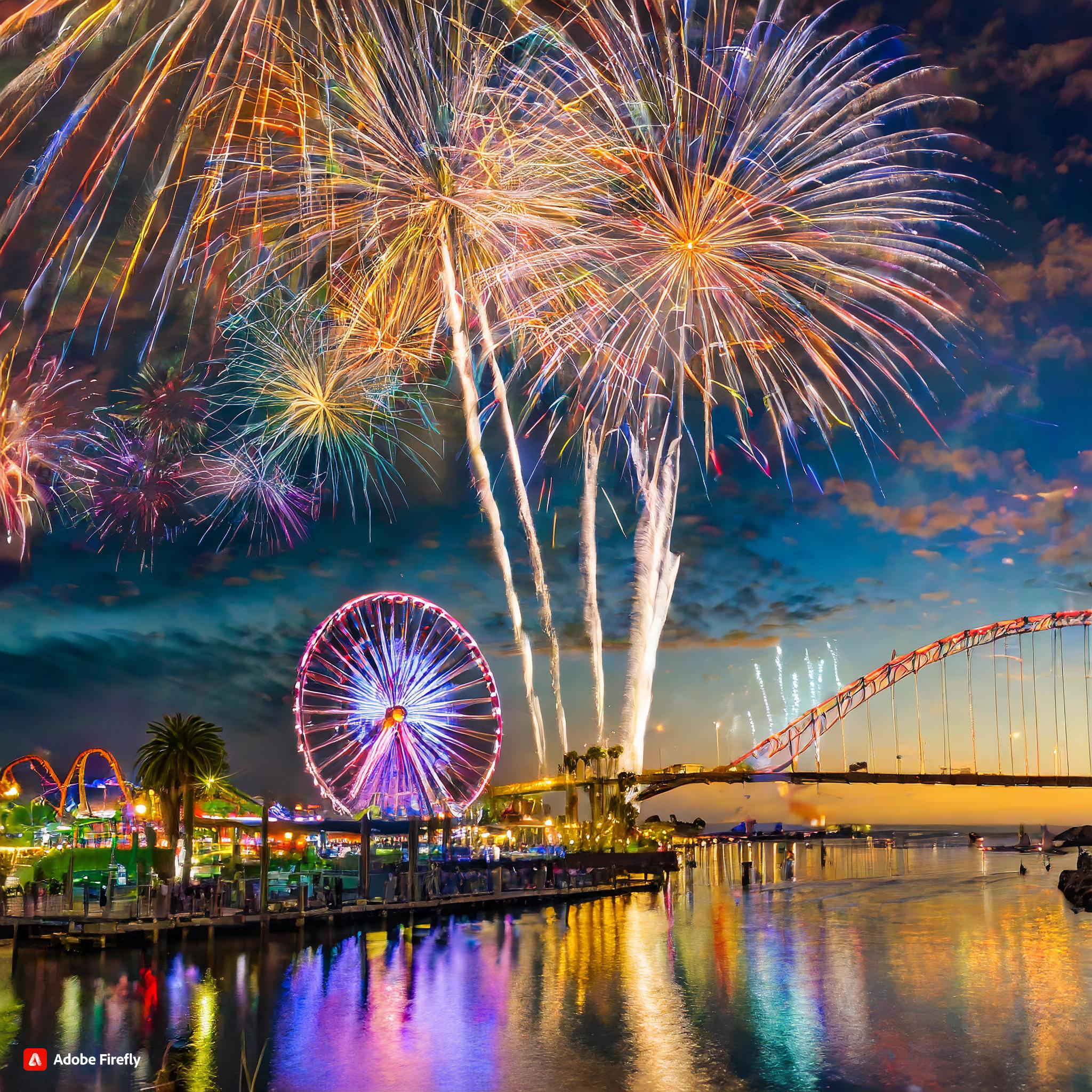 Firefly California. Night sky with fireworks, beautifully lit, amusement park, rollercoaster